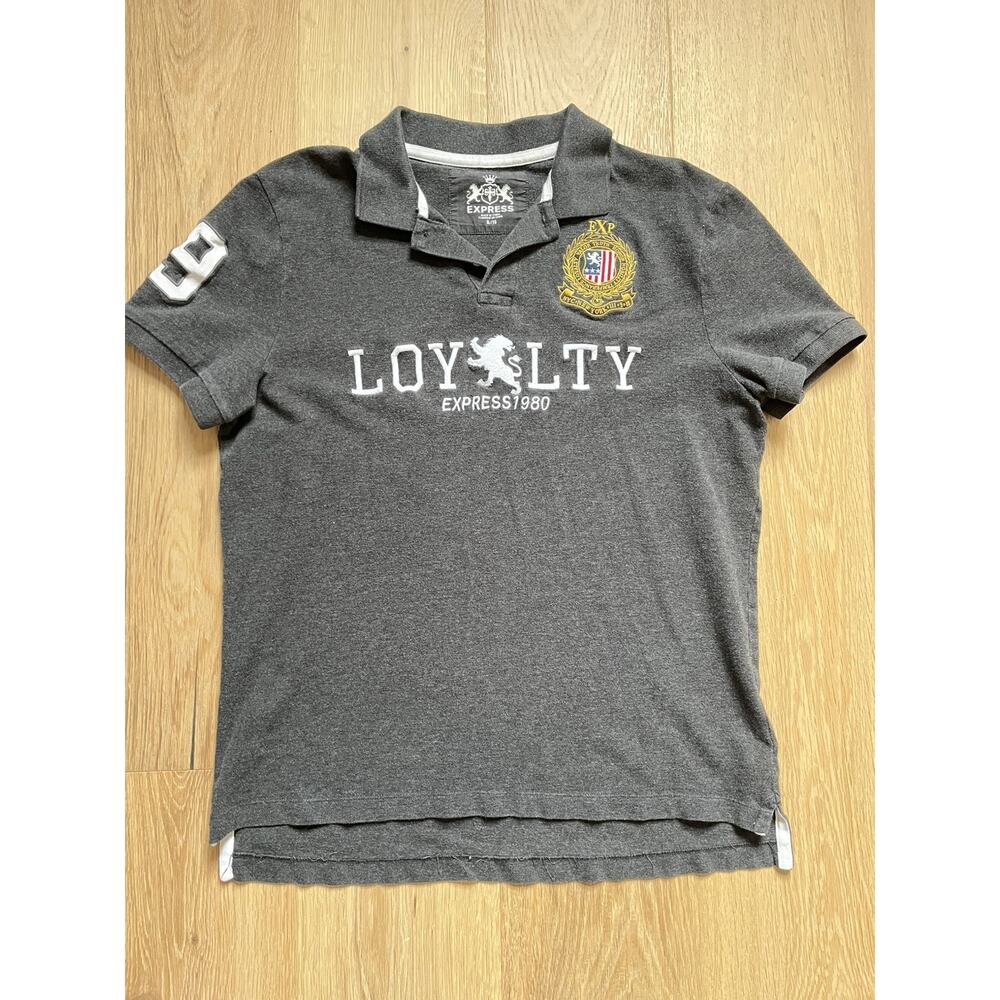 VINTAGE Y2K EXPRESS MEN'S "LOYALTY" CRESTED POLO SHIRT XL GRAY EXCELLENT COND